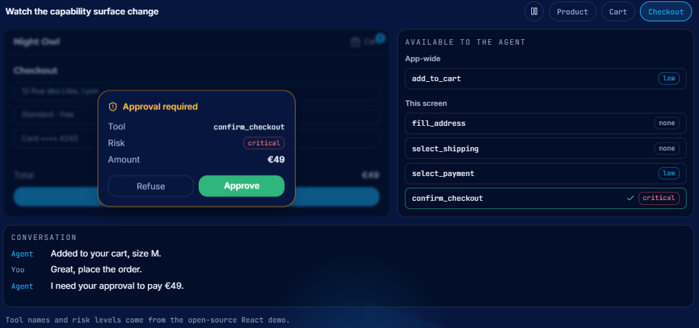 OwlLayer AI approval dialog: the user approves or declines the action requested by the agent